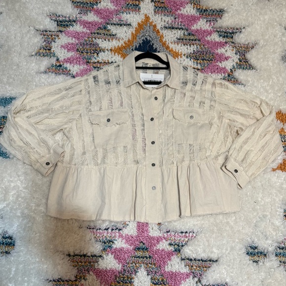POL Cream Striped and Floral Embroidered Button Up Shacket - Picture 3 of 4